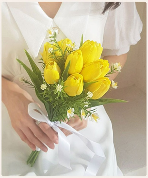 [2colors] 델리온 튤립 안개꽃 스몰웨딩 여자친구 선물 조화 꽃다발 브라이덜샤워 신부 부케