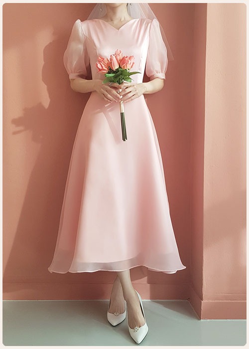 핑크 플리에 노방 새틴 피로연 돌잔치 스몰웨딩 유색 드레스
